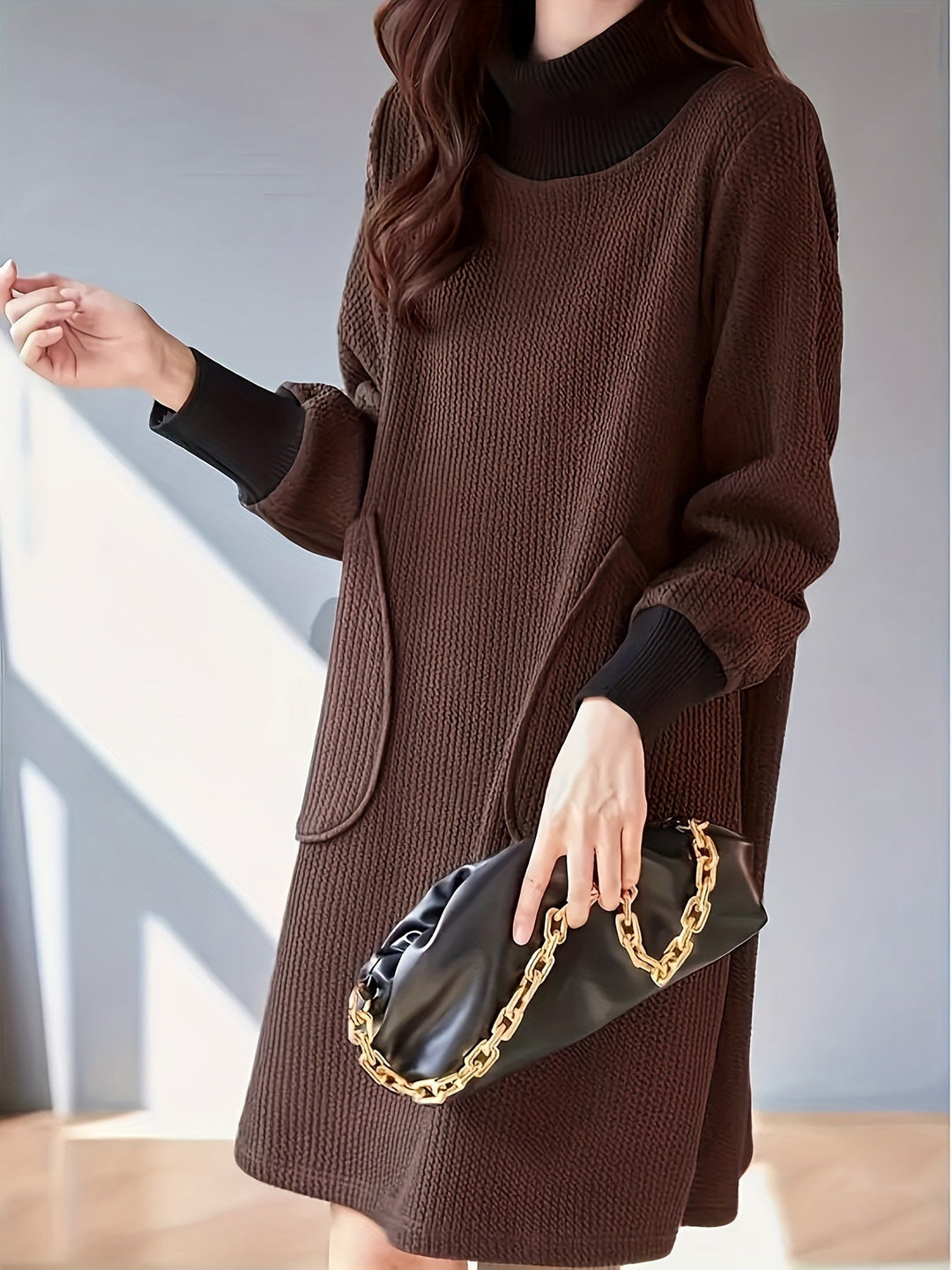 Lydie - Chique Midi-jurk met Hoge Kraag en Raglanmouwen