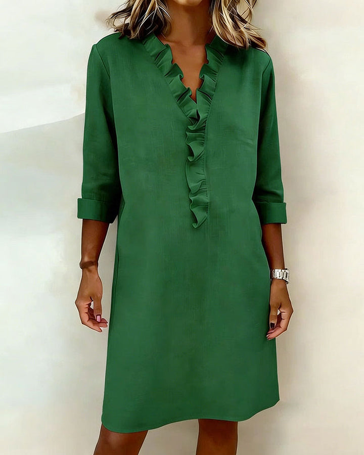 Ophivyn - V-hals jurk voor dames met volant rechte snit casual stijl