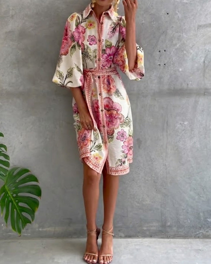 Glyssara - Elegante bloemenjurk voor dames met lantaenmouwen en knopen
