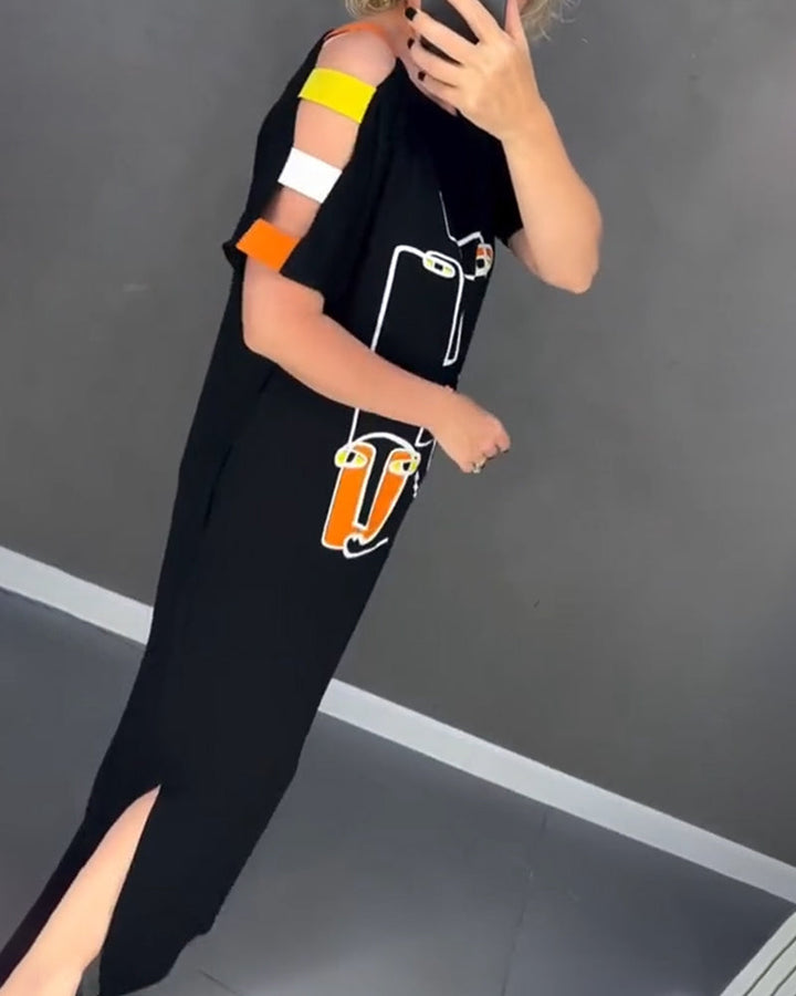 Primina - Uitgesneden Off-Shoulder Jurk met Splitprint