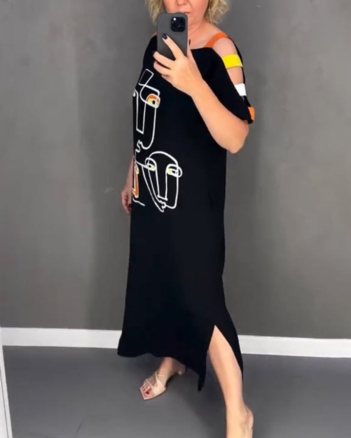 Primina - Uitgesneden Off-Shoulder Jurk met Splitprint