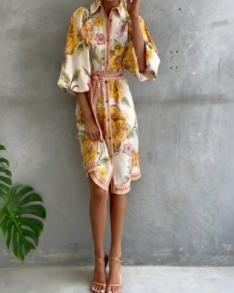 Glyssara - Elegante bloemenjurk voor dames met lantaenmouwen en knopen