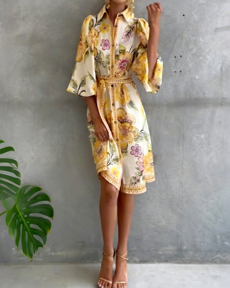 Glyssara - Elegante bloemenjurk voor dames met lantaenmouwen en knopen