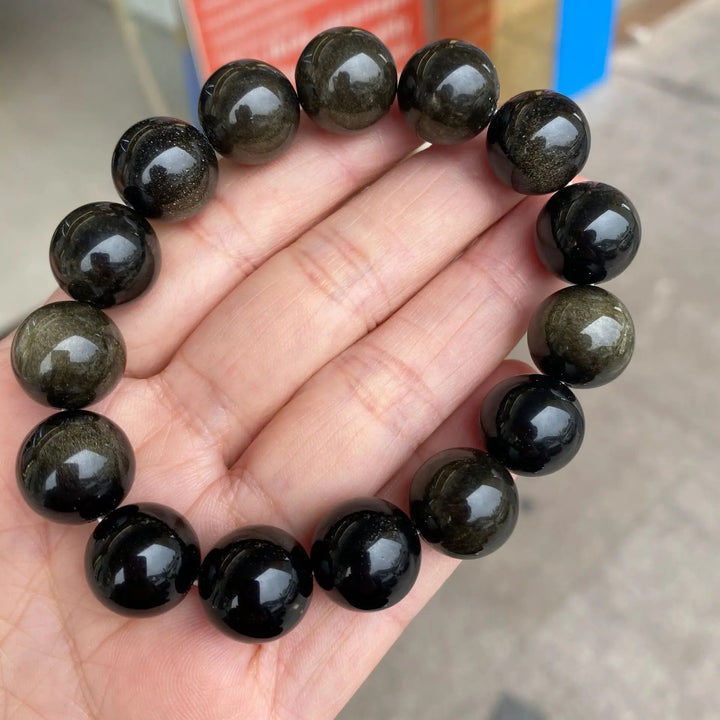 Pulsera Single Stone Obsidiana Dorada