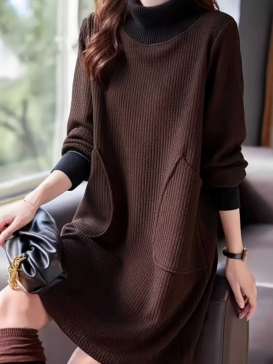 Lydie - Chique Midi-jurk met Hoge Kraag en Raglanmouwen