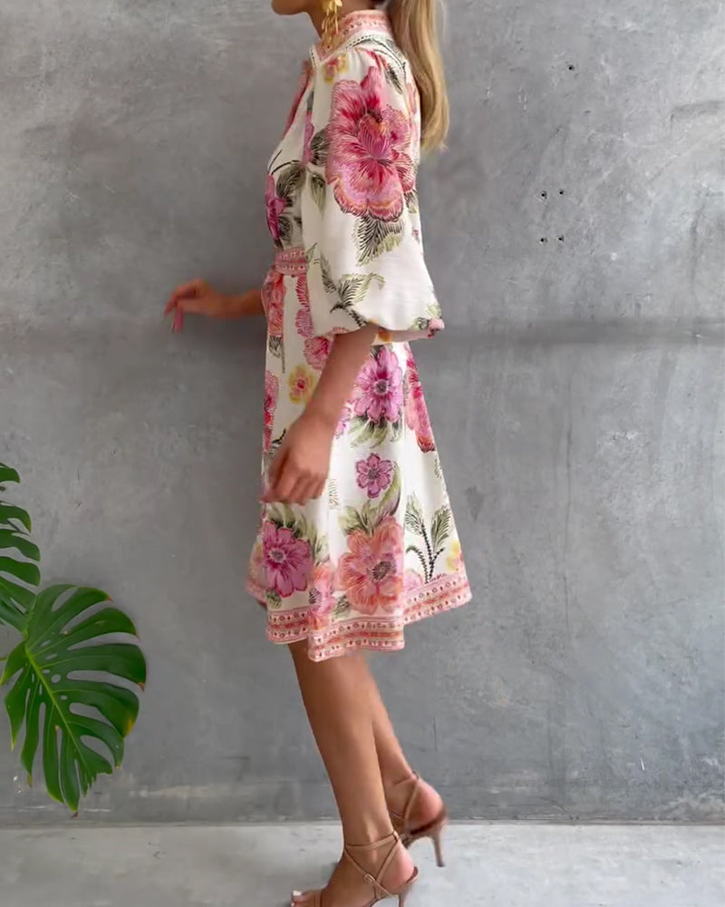 Glyssara - Elegante bloemenjurk voor dames met lantaenmouwen en knopen