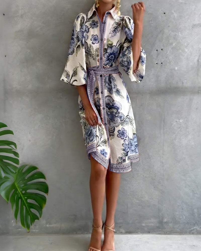 Glyssara - Elegante bloemenjurk voor dames met lantaenmouwen en knopen
