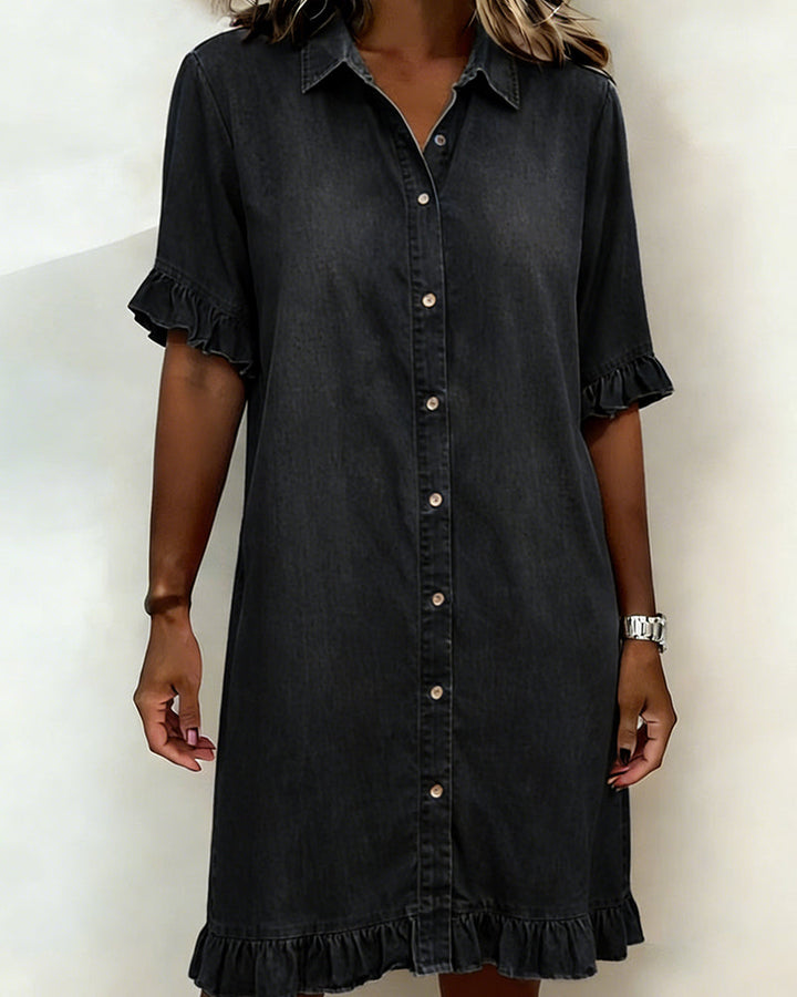 Glytha - Dames Denim Jurk Met Knopen Volant Mouwen Rechte Casual Snit