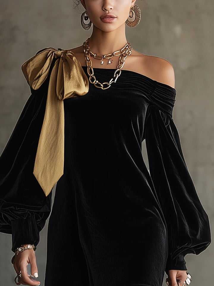 Kiki | Fluwelen en Gouden Satijnen Patchwork Off-Shoulder Mini-jurk