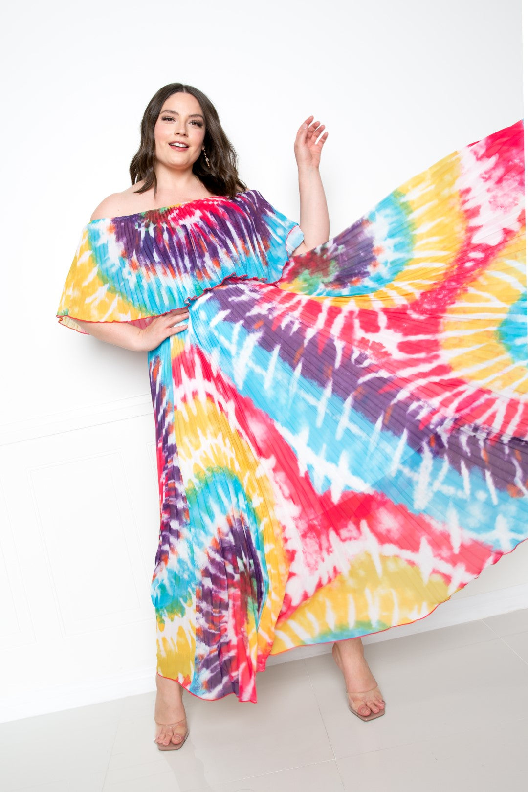 Tie Dye Off Shoulder Pleated Maxi Dress