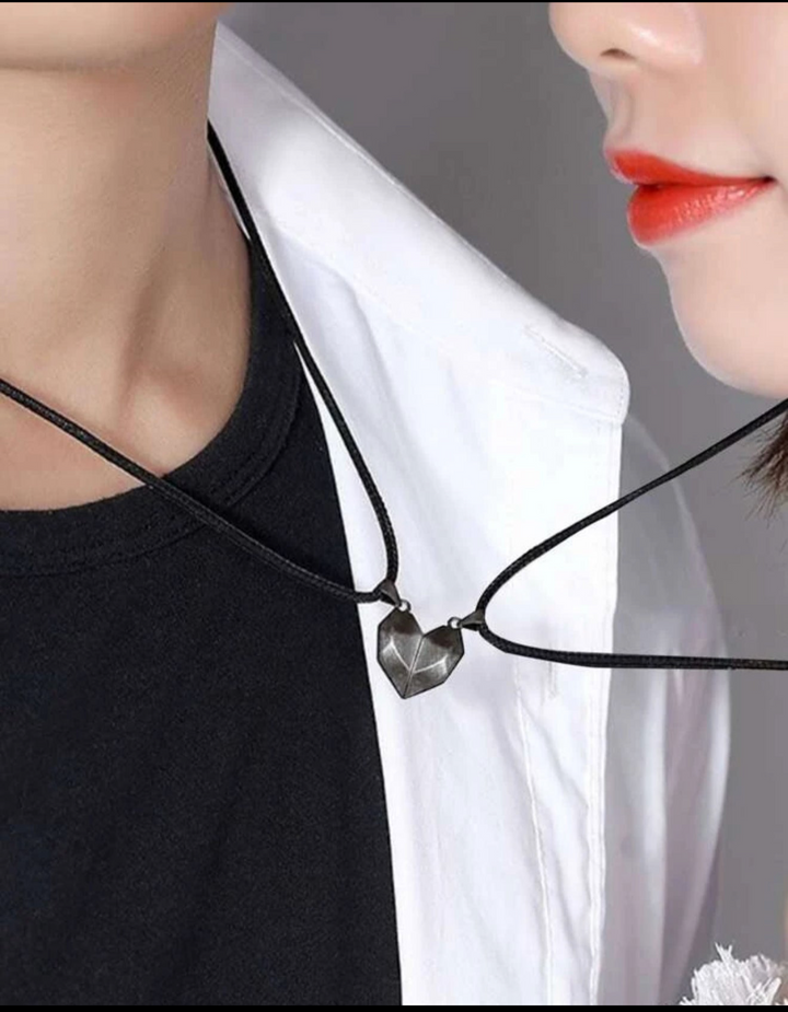 Couple Necklace with Rhinestone Design Ring Pendant 2 Pieces