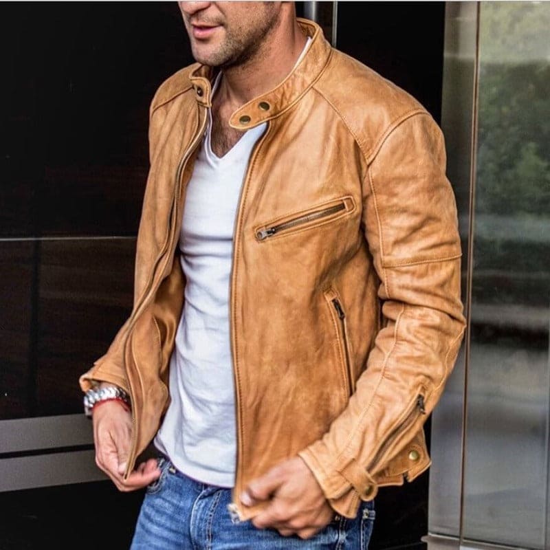 Heren Slim Fit Jas – Met Rits en Opstaande Kraag, Geschikt voor Biker en Casual Gebruik