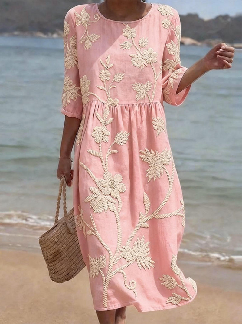 Delyth - Midi Vloeiende Broderie Jurk Vintage Elegantie