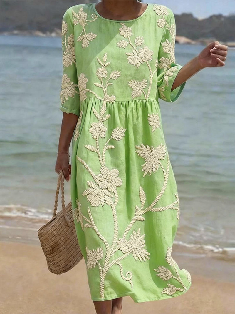 Delyth - Midi Vloeiende Broderie Jurk Vintage Elegantie