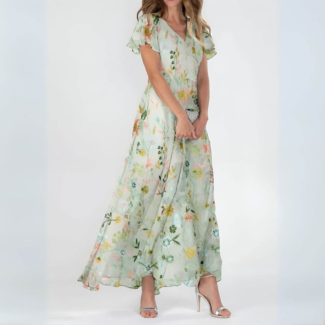 Sorevixa - Elegante maxi jurk voor vrouwen met bloemen en een vloeiende V-hals