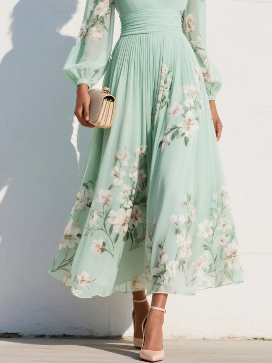 Arianna | Lichtgroene midi-jurk met v-hals en geplooide bloemenprint