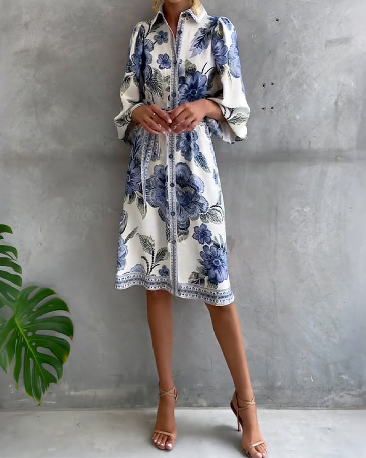 Glyssara - Elegante bloemenjurk voor dames met lantaenmouwen en knopen