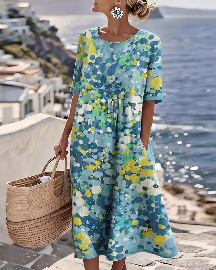 Averixa - Vrouwen midi-jurk met abstracte bloemenprint van katoen en linnen voor de zomer