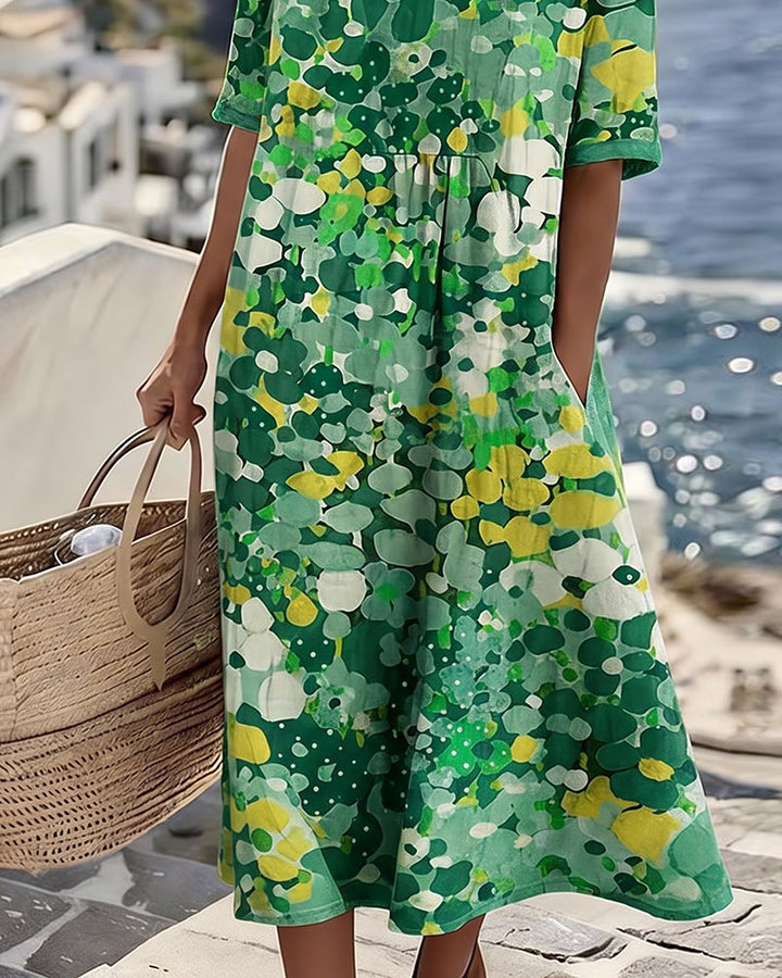 Averixa - Vrouwen midi-jurk met abstracte bloemenprint van katoen en linnen voor de zomer