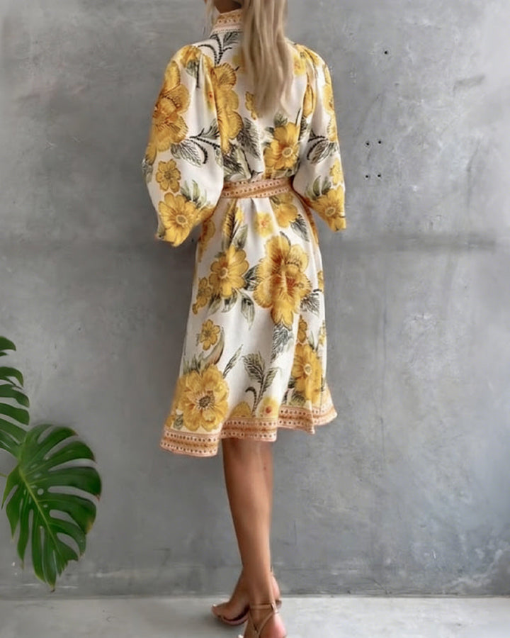 Glyssara - Elegante bloemenjurk voor dames met lantaenmouwen en knopen
