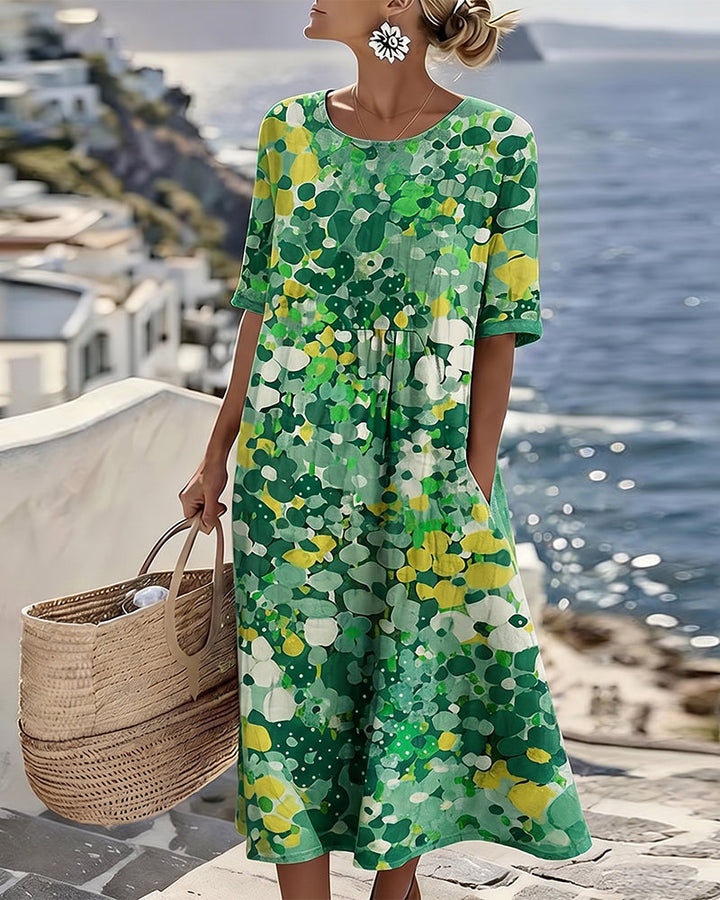 Averixa - Vrouwen midi-jurk met abstracte bloemenprint van katoen en linnen voor de zomer