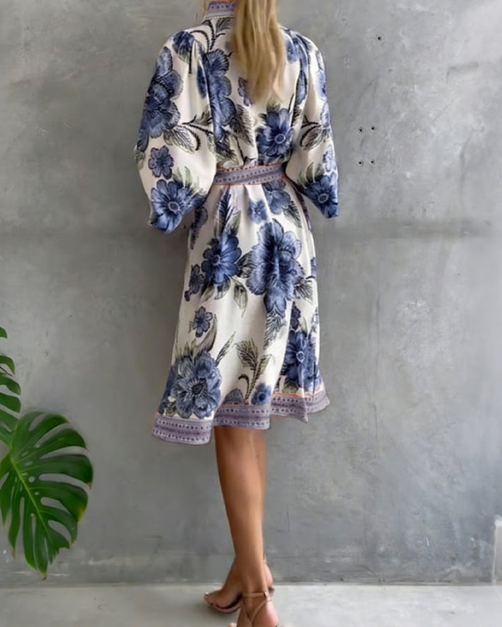 Glyssara - Elegante bloemenjurk voor dames met lantaenmouwen en knopen