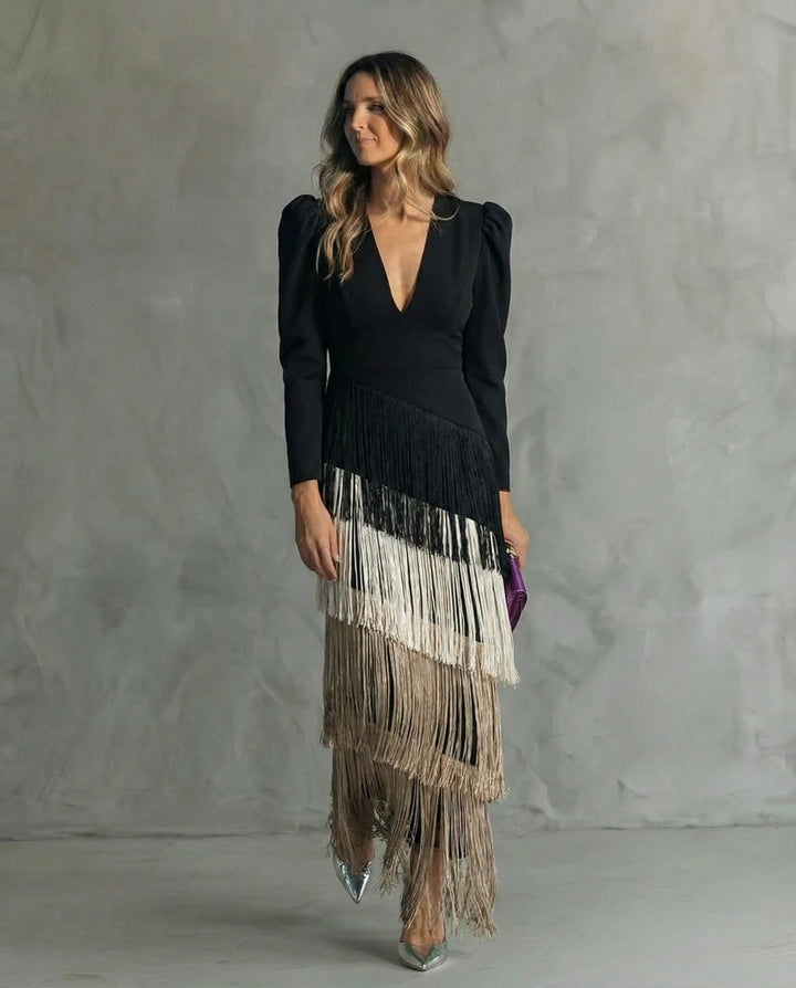 Brigitte - Elegante Midi Jurk voor Vrouwen met Franjes en V-Hals Lange Mouwen