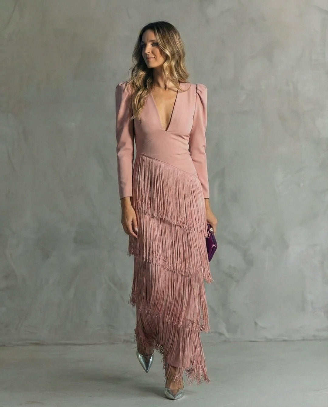 Brigitte - Elegante Midi Jurk voor Vrouwen met Franjes en V-Hals Lange Mouwen