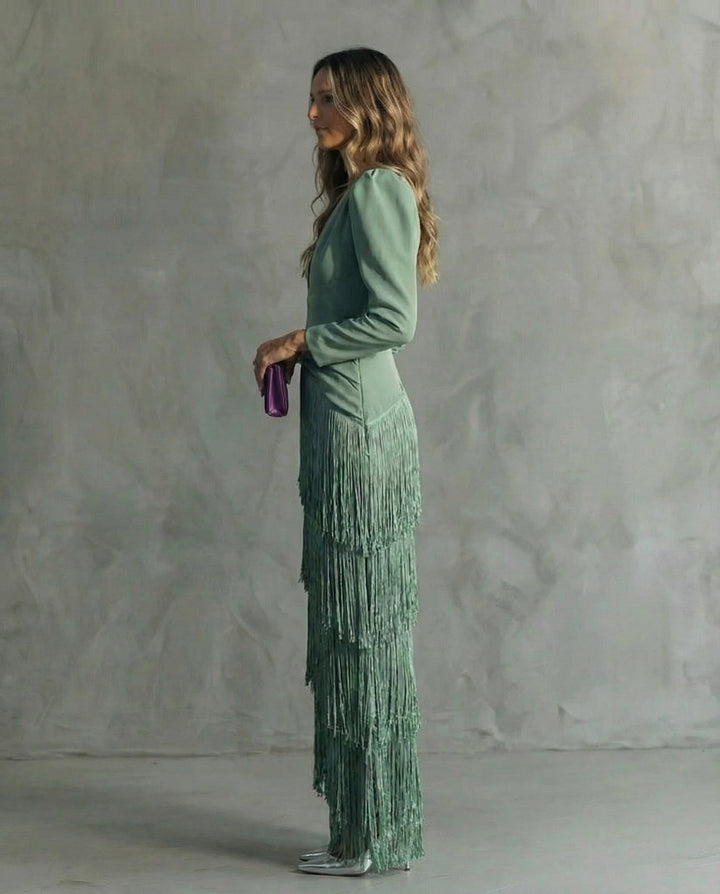 Brigitte - Elegante Midi Jurk voor Vrouwen met Franjes en V-Hals Lange Mouwen