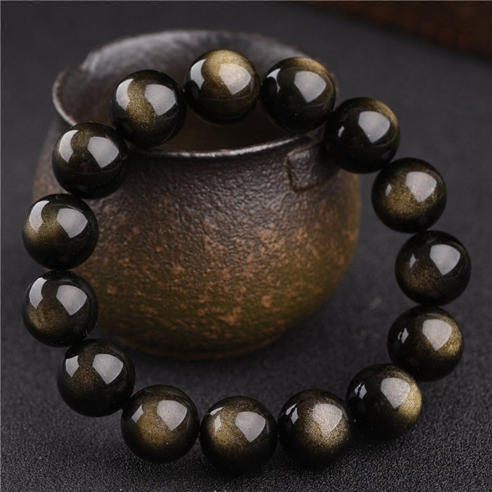 Pulsera Single Stone Obsidiana Dorada
