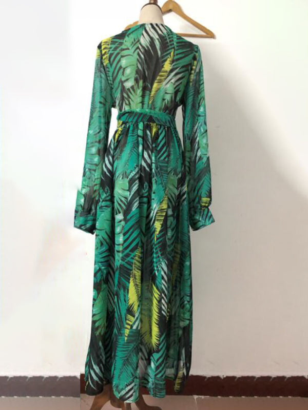 Women's Lantern Sleeve V Neck Tie Leaf Print Swing Dress