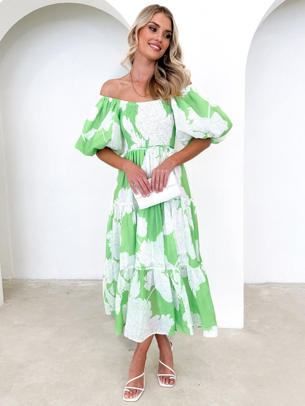 Women's Elegant Printed One Shoulder Puff Sleeve Fashion Dress