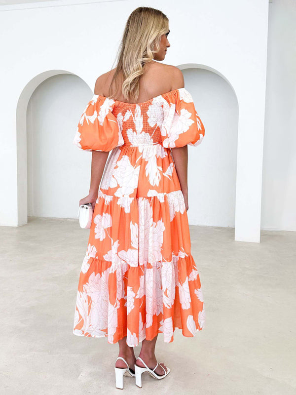 Women's Elegant Printed One Shoulder Puff Sleeve Fashion Dress