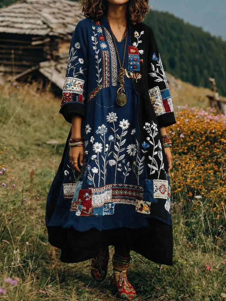 Loxira - Dames Jurk Boho Patchwork Geborduurd Etnische Elegante Stijl