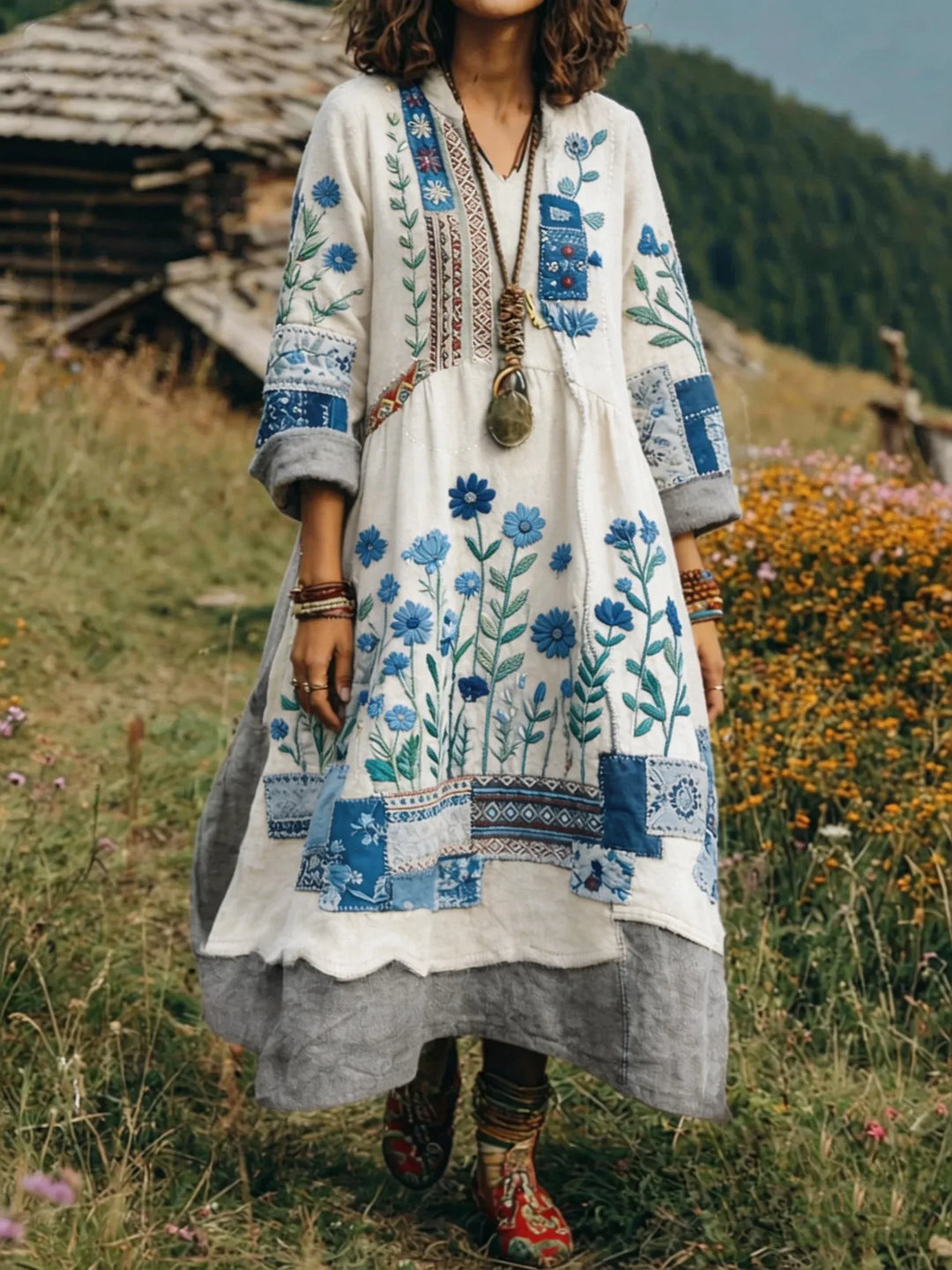 Loxira - Dames Jurk Boho Patchwork Geborduurd Etnische Elegante Stijl