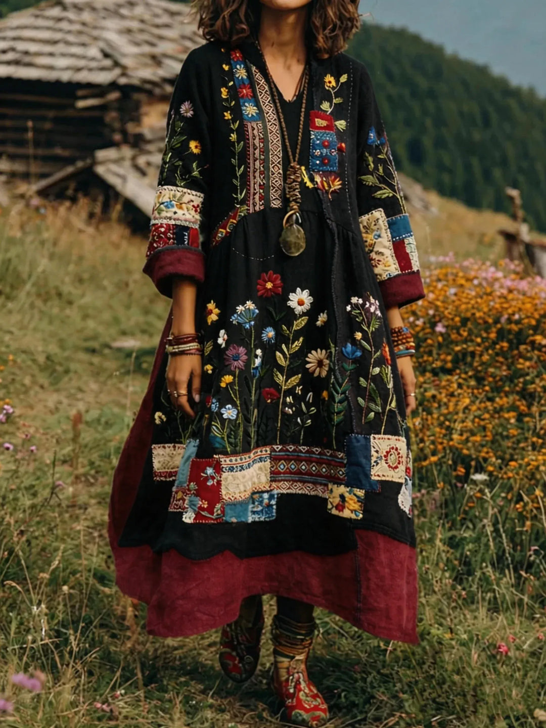 Loxira - Dames Jurk Boho Patchwork Geborduurd Etnische Elegante Stijl