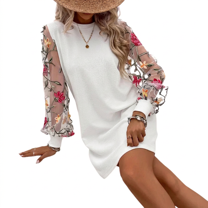 Quelythra - Elegante dames trui jurk met geborduurde bloemenmouwen