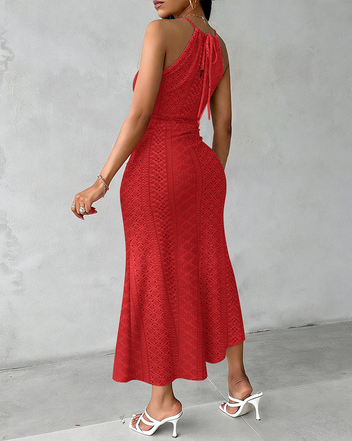 Fynovia - Midi jurk voor dames jacquard opengewerkt elegante halterhals split