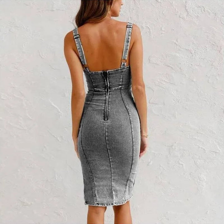 Estelle - Bodycon Denim Jurk met U-Vormige Hals en Split met Verstelbare Bandjes
