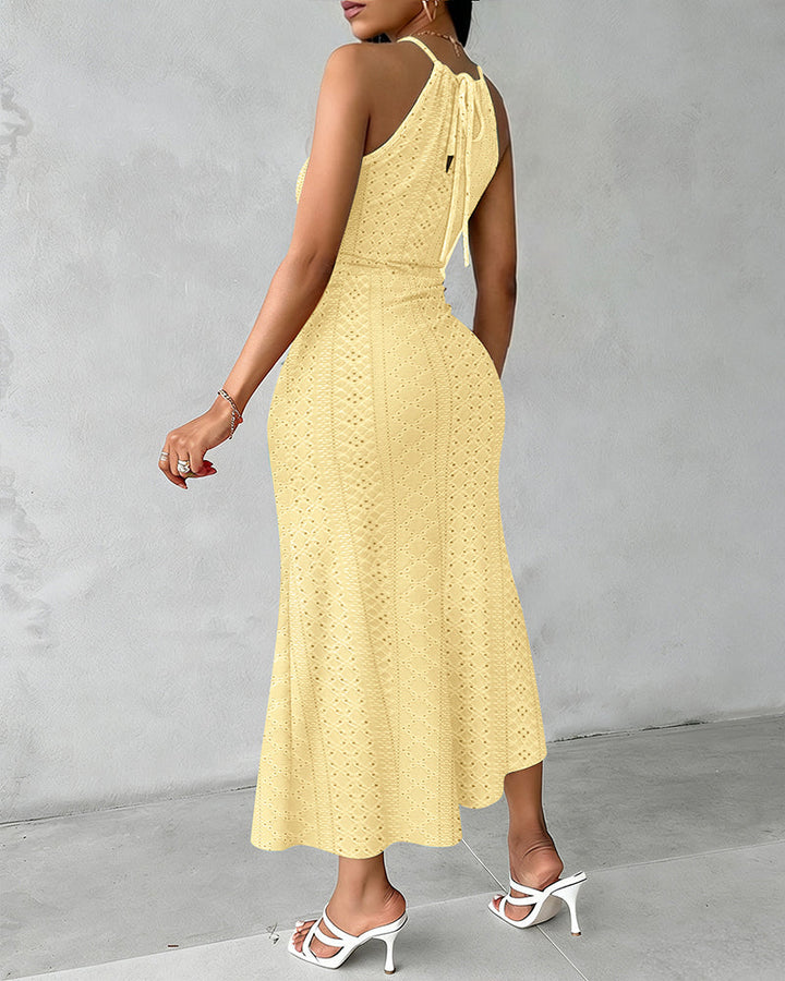 Fynovia - Midi jurk voor dames jacquard opengewerkt elegante halterhals split